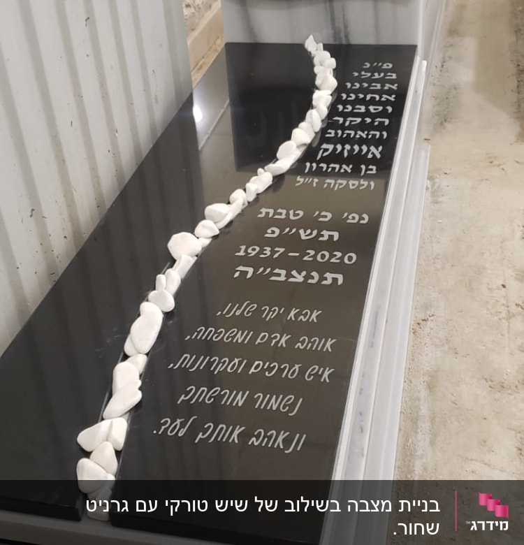 מצבה עם כיתוב בעברית ואבנים לבנות